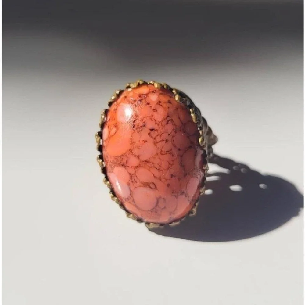 Vintage Boho Oval Huge Unique Coral Stone Ring Antique Brass Setting Adjustable